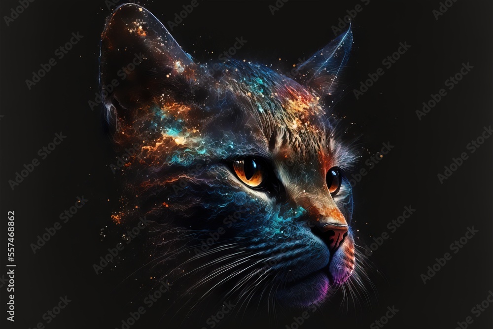 Poster a cat with a colorful face and a black background with stars and dust in the background., generative
