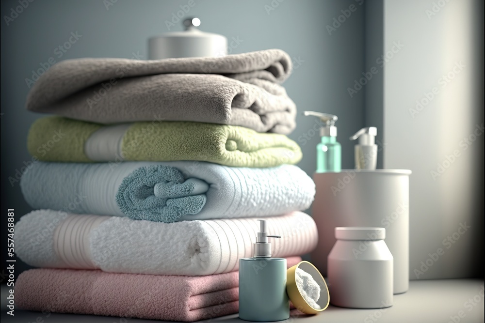 Poster a stack of towels sitting on top of a counter next to a bottle of soap and a cup of coffee., generat
