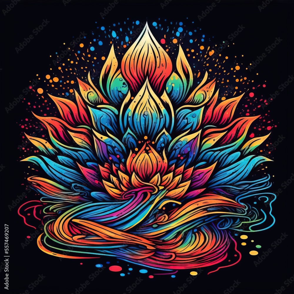 Poster a colorful flower with a black background and a blue background with a white border and a black back