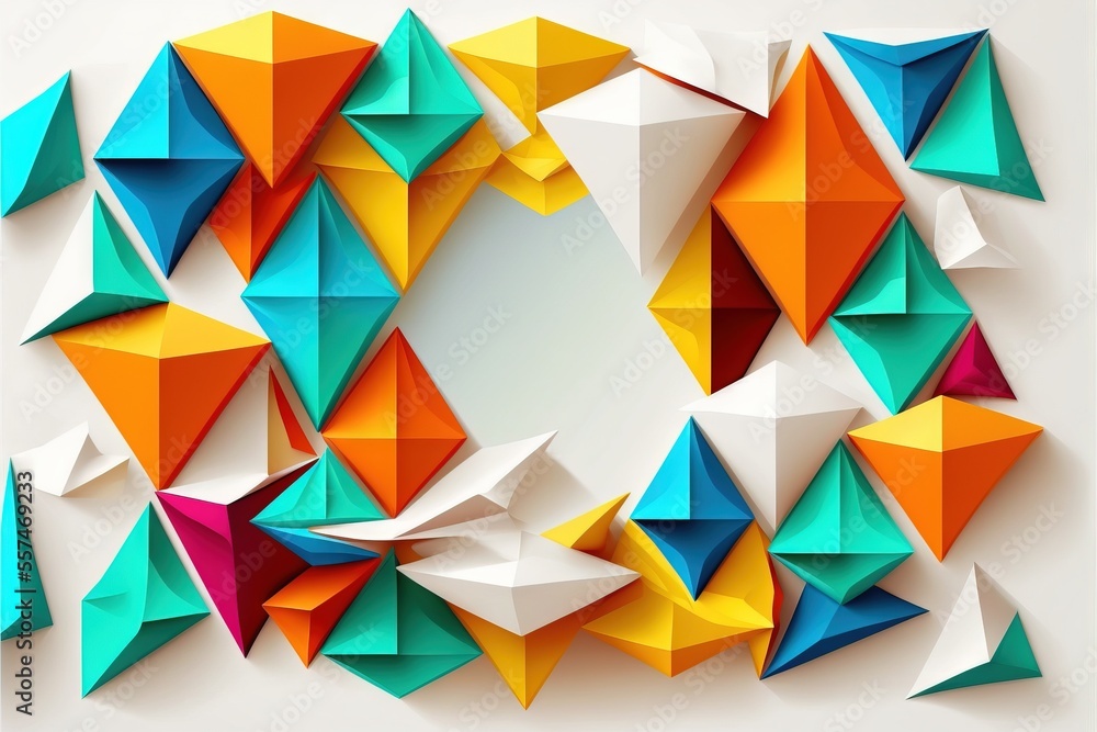 Poster a colorful paper art work with a circular hole in the middle of it and a white background with a whi