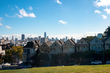 San Francisco, USA. September 20, 2022. View of historic Painted Ladies Houses in a row with blue sky in the background during summer at Alamo Square in California