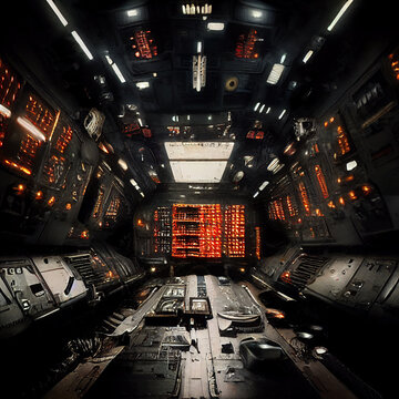 Spaceship or spacecraft interior, sci-fi illustration