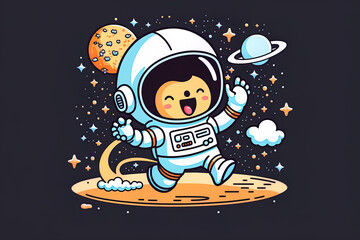 Fototapeta premium Science and technology icon concept with a cute astronaut catching a star in a illustration. Cartoonish flatness. Generative AI