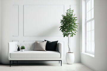 Modern apartment living room with sofa, plants, and lamp decorating against blank wall background. Generative AI