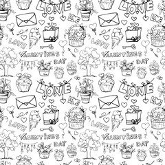 Drawn seamless vector pattern for valentine's day. Valentine's Day. A heart. Letter. Doodle. White background. Liner. Line art. Present. Holidays.February 14th. Love.