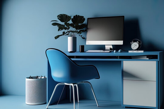 blue office desk with a monochromatic color scheme. For a desk and workstation, keep it simple. mockup model,. Generative AI