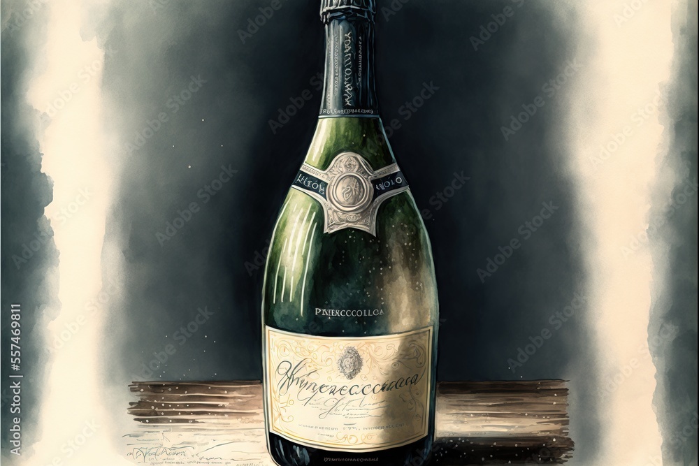 Poster a painting of a bottle of champagne on a table top with a wooden table top in the background and a b