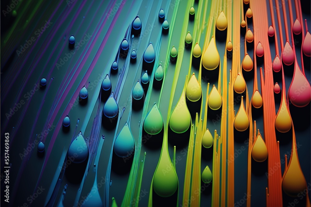Poster a rainbow of water drops on a black background with a rainbow of colors on the bottom of the image.,