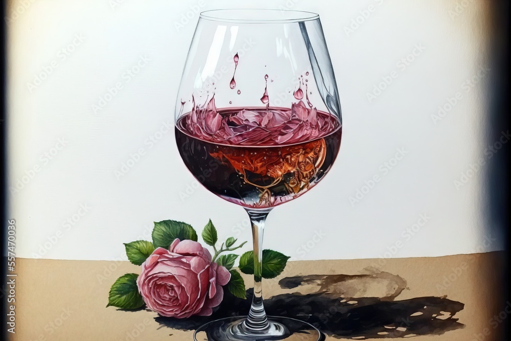 Poster a painting of a glass of wine with a rose on the side of it and a shadow of a person., generative ai