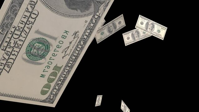 100 dollar bill banknotes falling on black background, 4k
