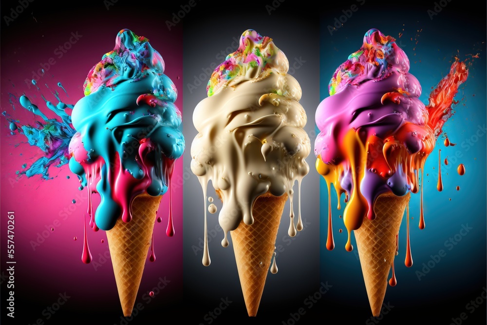 Poster three ice cream cones with different colors and flavors of ice cream on them., generative ai