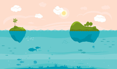 Day sea game background with islands and underwater life tillable horizontally, cartoon fantastic landscape with small floating islands and lots of fish in the water
