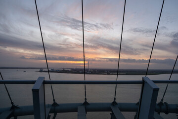 Sunset in Bremerhaven with houses and ships and the (bremer Schiffahrts-Museum), Klimahaus and the...