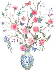 Watercolor bouquet of flowers in vase transparent png