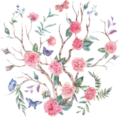 Schilderijen op glas Watercolor vintage blooming tree bouquet transparent png © depiano