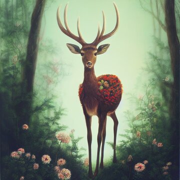 Beautiful deer in the forest, looking at camera, illustration
