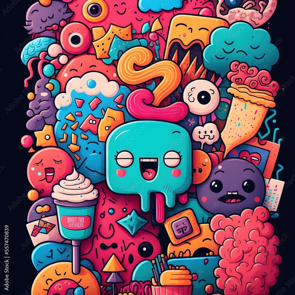 Poster a colorful cartoon character surrounded by other items and objects on a black background with a blue