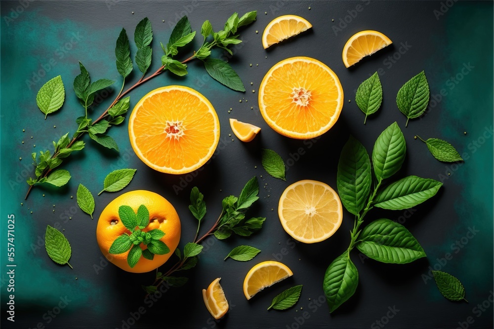 Poster a group of oranges with leaves and leaves around them on a table with a green background and a green