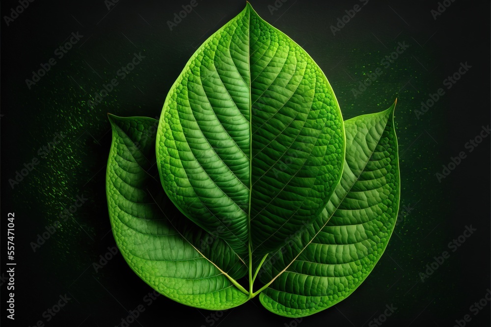 Poster a green leaf with a black background is shown in this image., generative ai