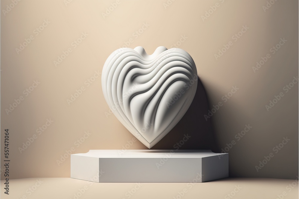 Poster a white sculpture with a heart shaped object on top of it's stand on a beige background with a shado