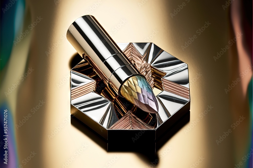 Poster a lipstick is laying on a mirror surface with a colorful background behind it and a gold and silver 