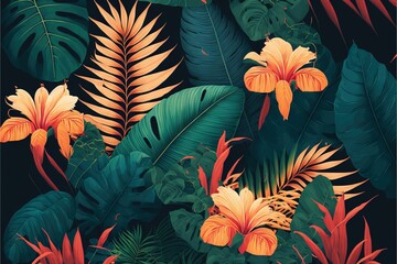 a tropical background with orange and green flowers and leaves on a black background with a black border around the edges.
