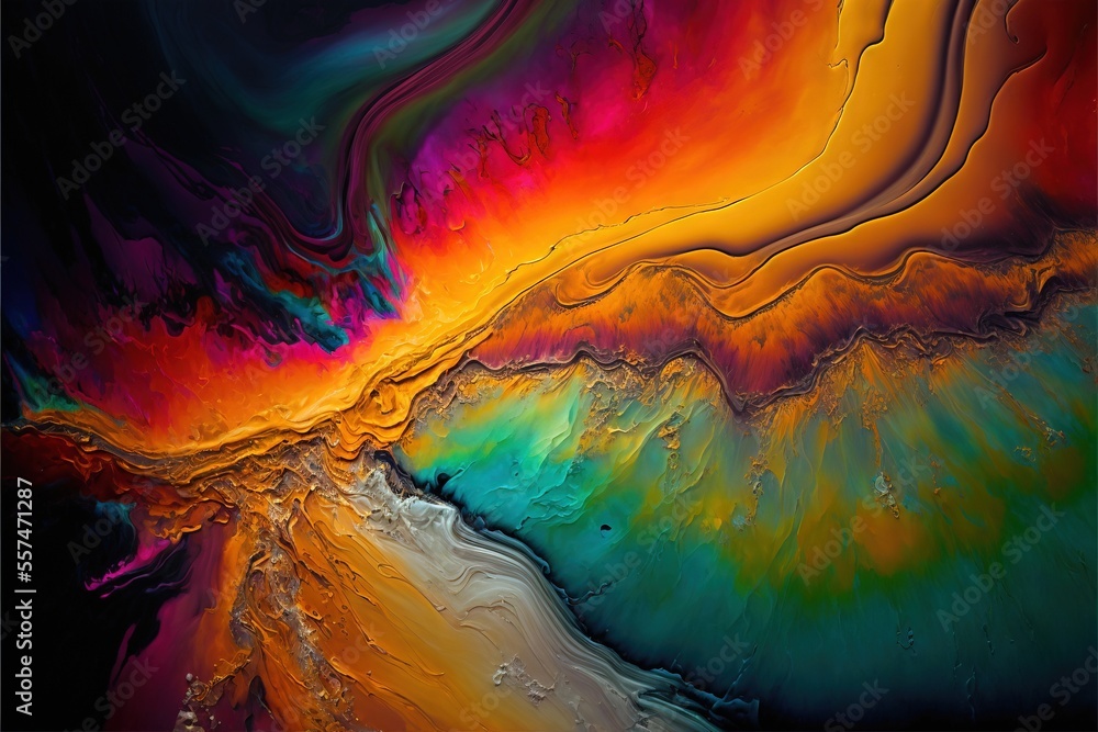 Poster a colorful painting with a black background and a white background with a red., generative ai
