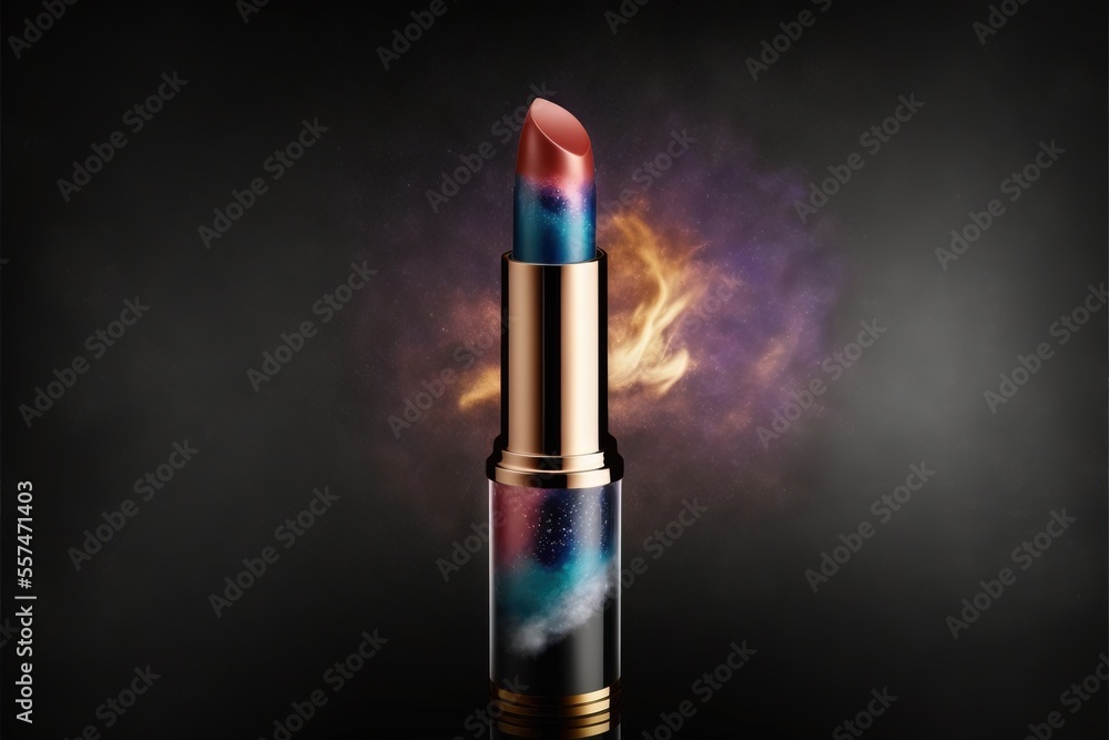 Poster a lipstick with a colorful design on it's side and a black background with a red. generative ai