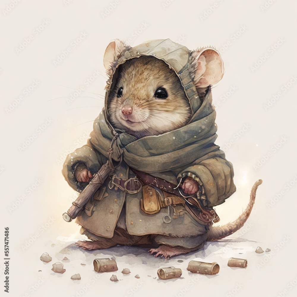 Poster a mouse in a coat and boots with a gun in its hand and a bunch of rocks around it. generative ai