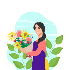 A young woman holds a lush bouquet of flowers in her hands. Vector illustration in flat style. Cute female character.