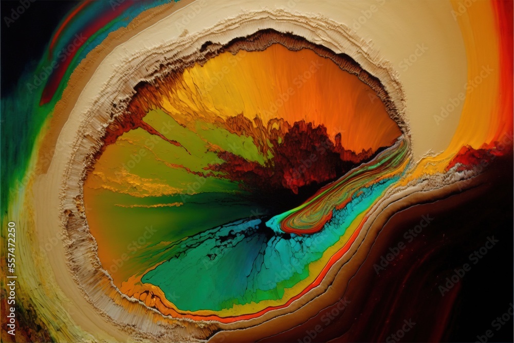 Poster a painting of a colorful swirl with a rainbow center and a black background with a white border and 