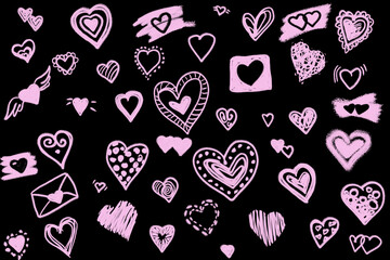 different versions of hearts drawn with pink chalk on a black background. pattern for valentine's day