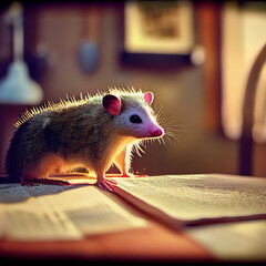 Plague of opossums. Little opossum at home over newspapers