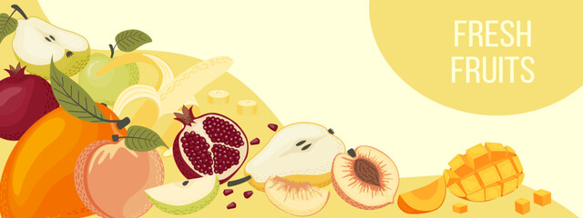 Vector horizontal banner with fruits. Summer illustration about healthy eating and fresh fruits.