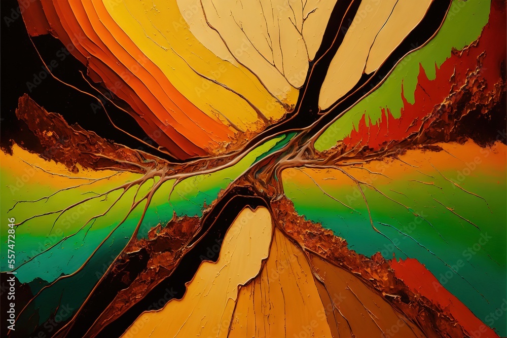 Poster a painting of a tree with a rainbow background and a brown trunk with a green., generative ai