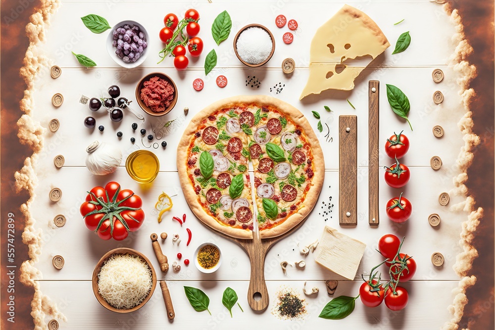 Poster a pizza with toppings on a white table with a wooden spatula and a knife and a bowl of cheese and to