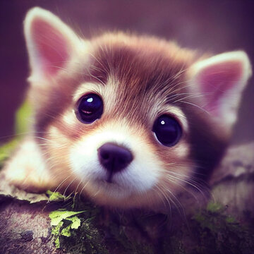 Cute baby wolf cub or puppy with big eyes looking at camera