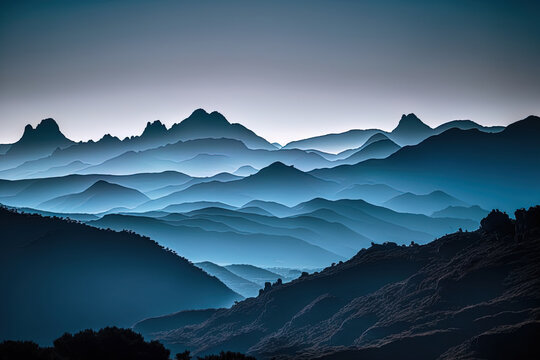 Mountains in silhouette against a misty blue sky on a bright day, lovely natural scene in Europe and Spain. Generative AI