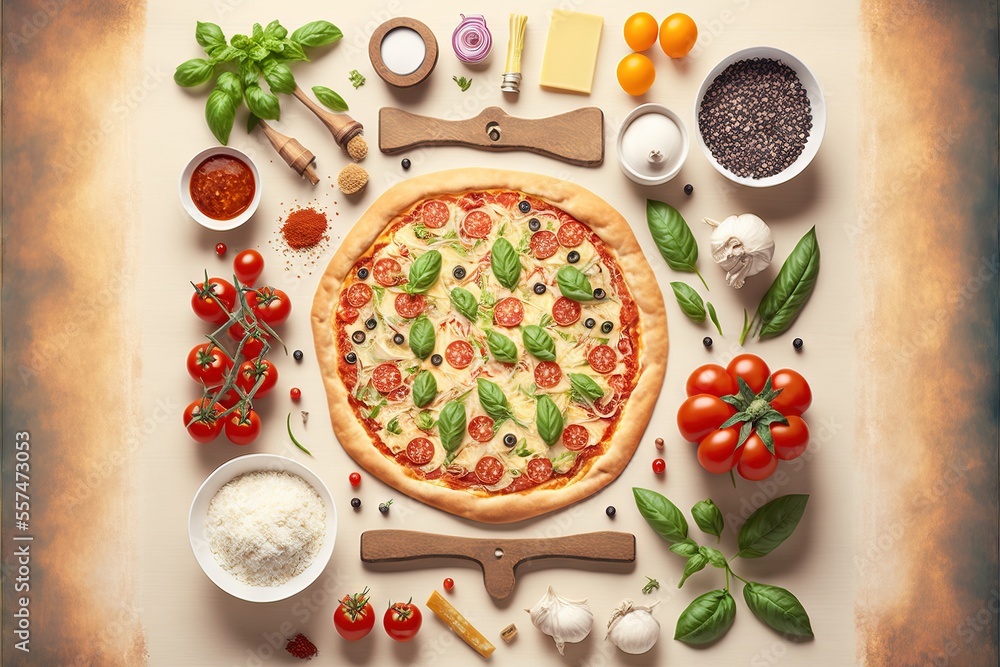Poster a pizza surrounded by ingredients for a pizza toppings and ingredients to make it look like a pizza 