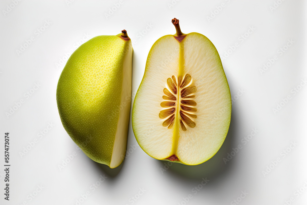 Poster sliced and half green pears isolated on a white backdrop using a clipping path looking up. lay flat.