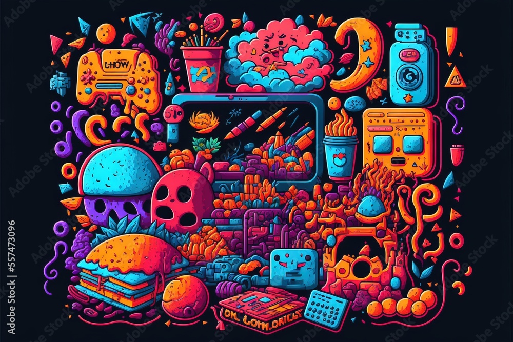 Poster a colorful illustration of a bunch of objects and things in the background., generative ai