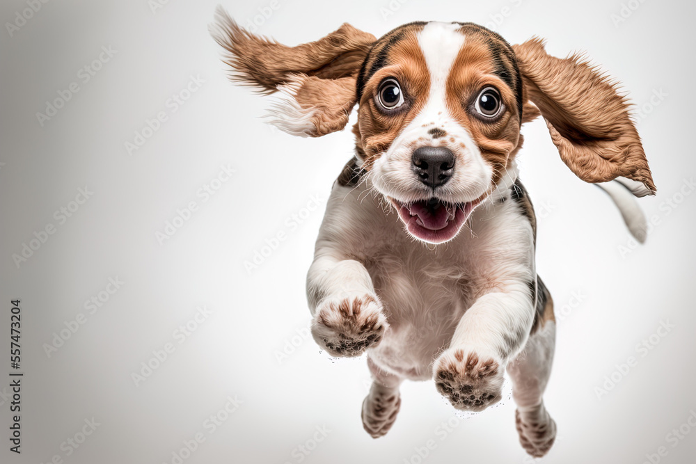 Poster white backdrop with funny, cheerful beagle puppy having fun. generative ai