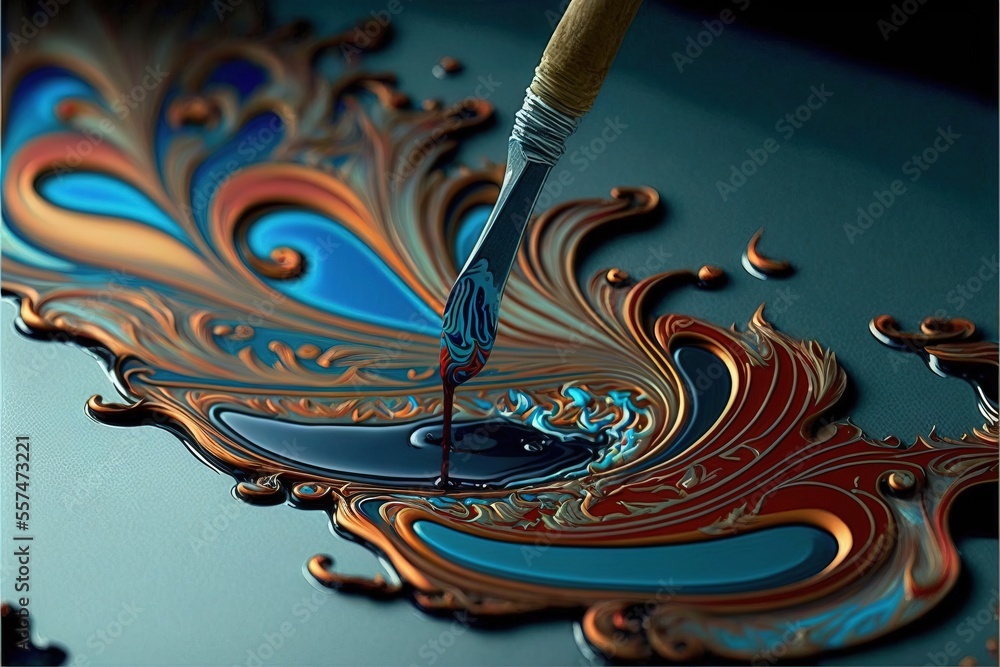 Aufkleber a pen is sitting on top of a liquid puddle with a pattern on it and a blue background with gold acce