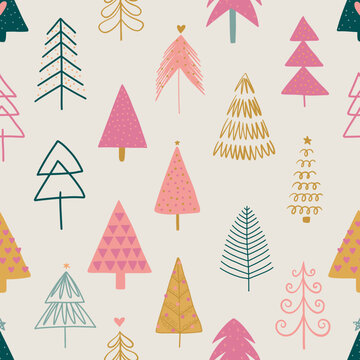Seamless pattern with Christmas trees. Holiday modern boho background. Vector illustration