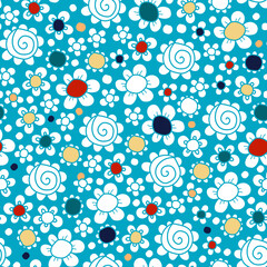 Floral pattern on a blue background. White vector elements with colorful centers. Seamless image.