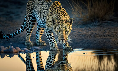 Magnificent leopard in the savannah drinking at waterhole, wildlife animal background. - obrazy, fototapety, plakaty