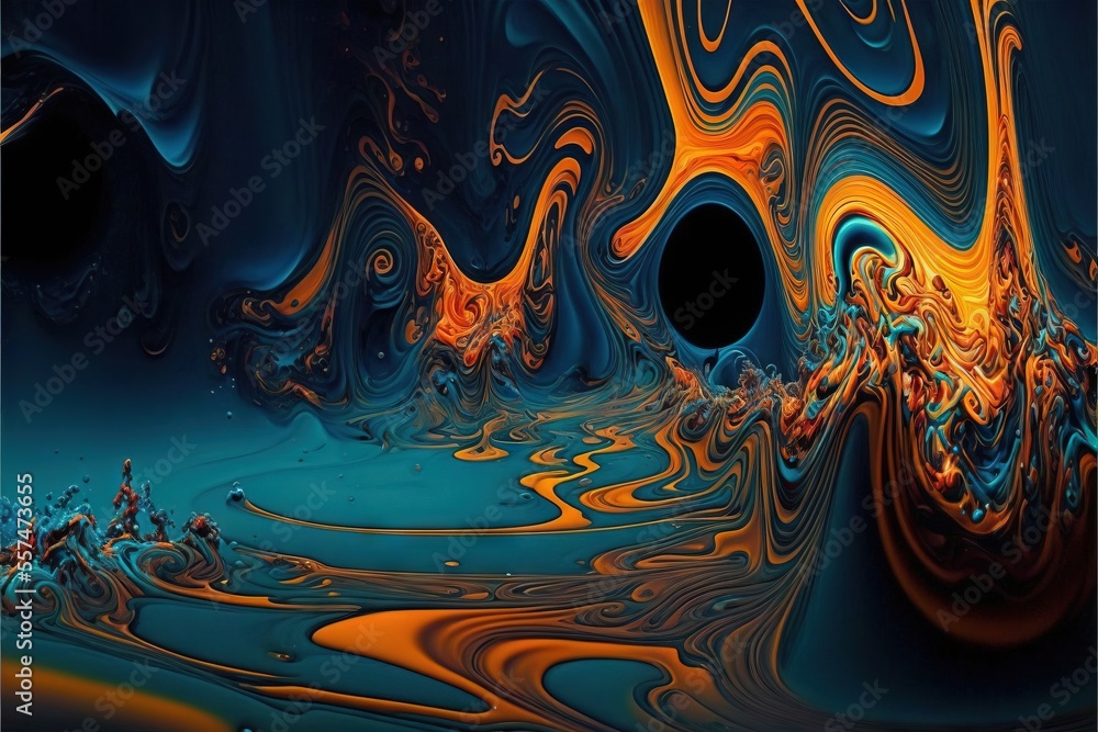 Poster a very colorful abstract painting with a black hole in the center of it's image and a black hole in 