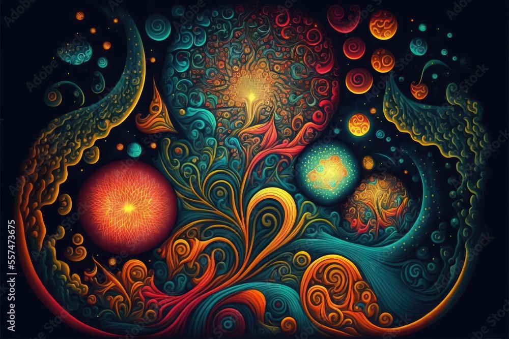 Poster a painting of a colorful abstract design with a bright light in the middle of it and a dark backgrou