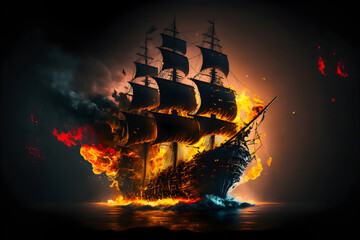 Fototapeta na wymiar A fierce battle between a pirate frigate with black sails and a Demon Slayer ship, illuminated by cannon shots and smoke, as the stormy night sky turns red and one of the ships sinks into the depths