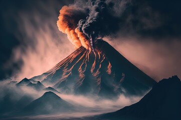 A view of a mountain with a plume of smoke coming out of it.